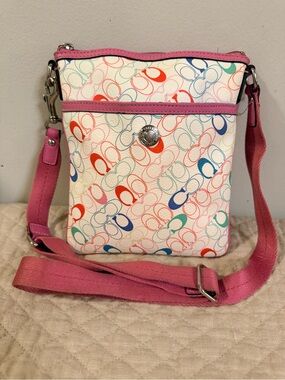 Coach White Multicolor Signature Crossbody with Pink Trim